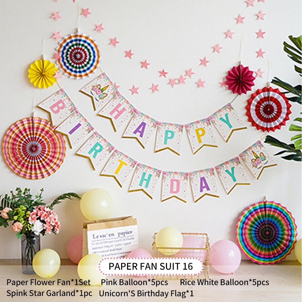 Birthday Party Decoration Kits Happy Birthday Banner Paper Fan Pendant  Baby Shower Kids Birthday Party Backdrop Decoration