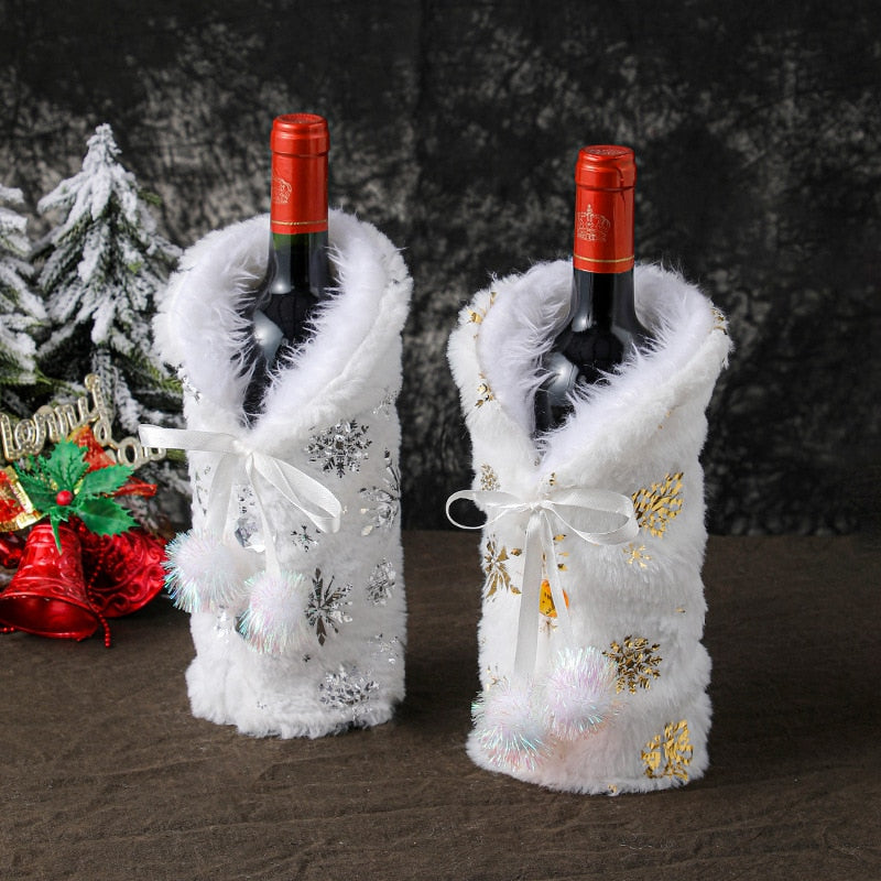 White Plush Christmas Wine Bottle Cover Noel Restaurant Stamping Gold Silver Sonwflake Champagne Red Wine Bag Home Table Decor