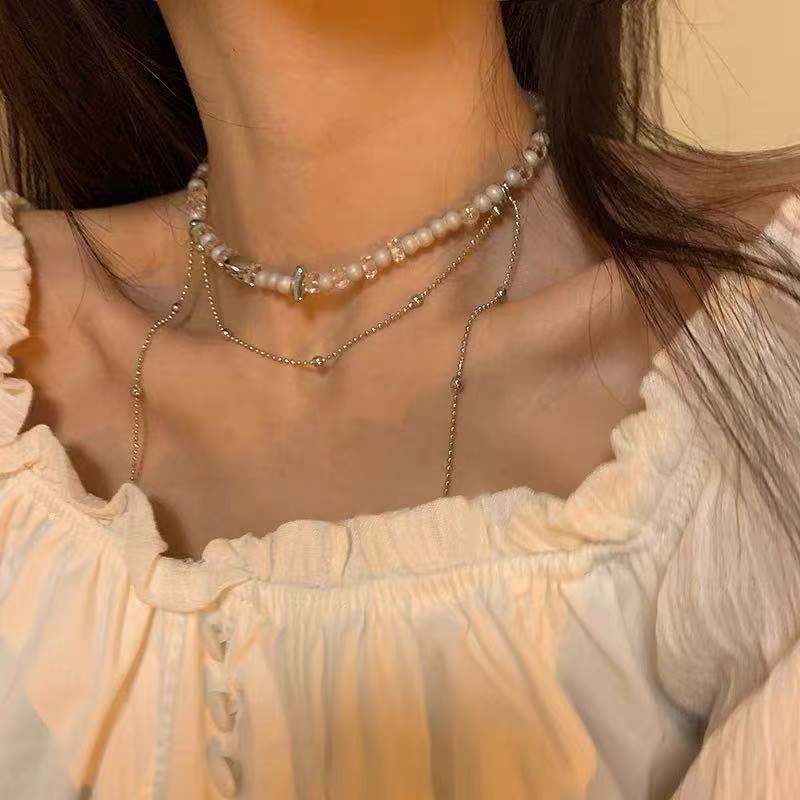 SKHEK 2022 Kpop Goth Double Layer Pearl Silver Color Metal Clavicle Chain Necklace For Women Girls Party Charm Jewelry Accessories