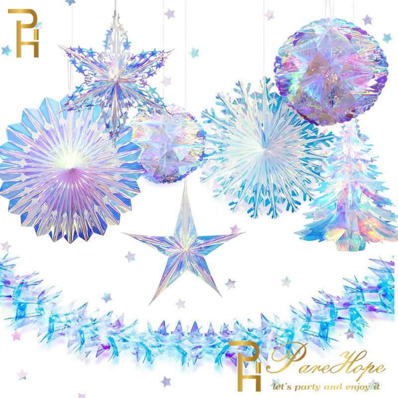 Iridescent Shiny Rainbow Honeycomb Snowflake Xmas Tree Star Fan Curtains for Birthday Party Wedding Christmas Decor Wholesale