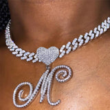 Skhek New A-Z Cursive Letter Heart Pendant Iced Out Cuban Necklace For Women Initial Zircon Link Chain Necklace Choker Hip Hop Jewelry