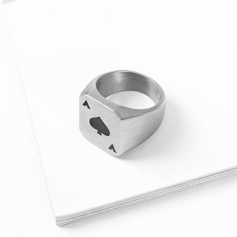 Skhek Poker Rings for Women Men Jewelry Punk Stainless Steel Lucky Ring with Black Ace of Spades Poker Card Design Gift OSR014