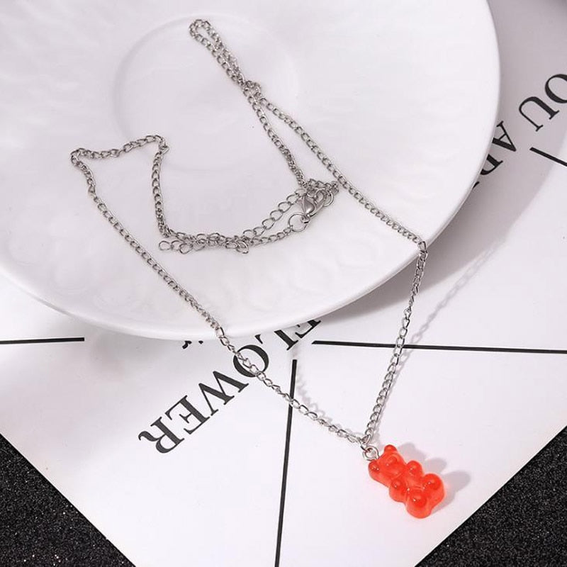 Cute Gummy Cartoon Bear Cross Necklaces For Women Christmas Gift Candy Color Pendant Necklace Female Daily Party Jewelry