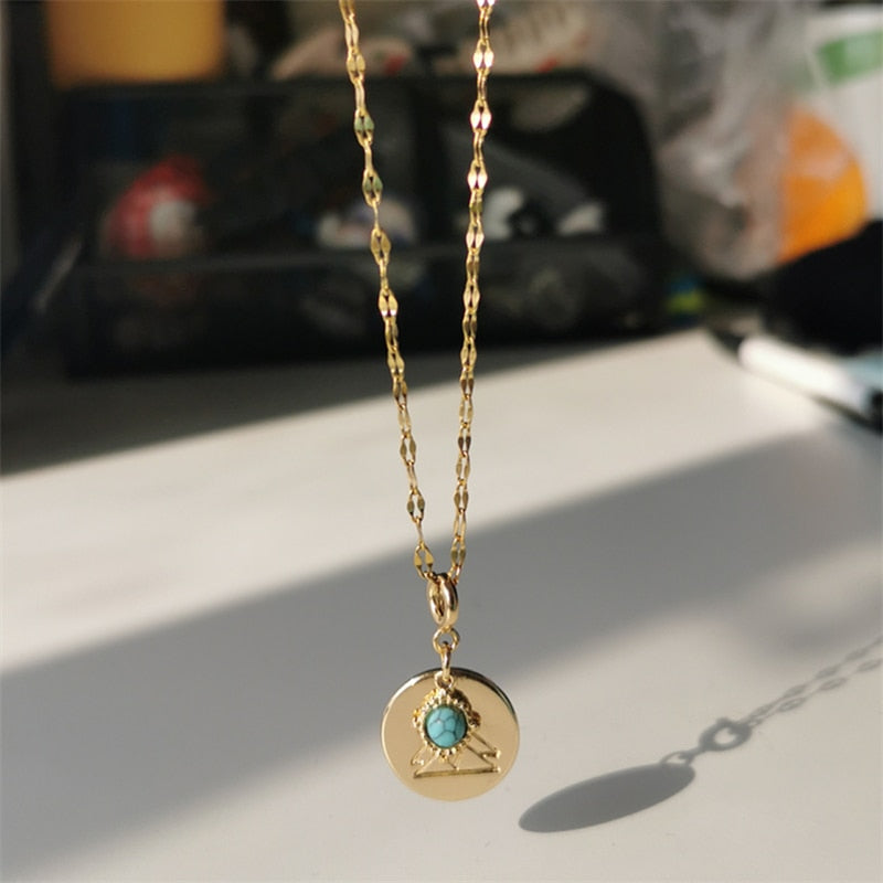 SKHEK 2022 New Vintage Titanium Steel Chain Water Drop Turquoise Geometric Irregular Pendant Necklaces For Women Girls Jewelry