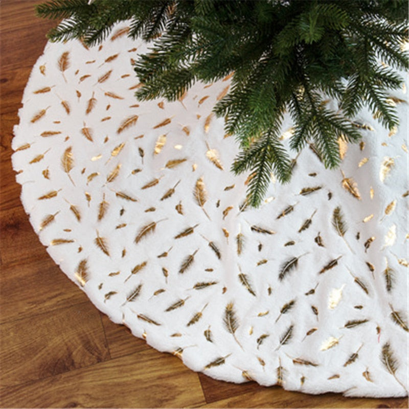 Christmas Gift Christmas Tree Skirt Gold Silver Feather White Plush Mat Xmas Tree Carpet Cover For Home Decor Party Christmas Decoration 2022