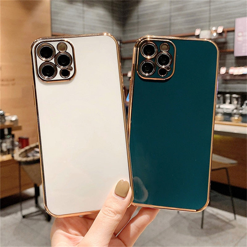 Skhek Back to School Ottwn Solid Plating Lens Protection Phone Case For Iphone 12 Pro Max 11 13 Pro Max X XR XS Max 7 8 6 Plus SE 2022 Soft TPU Cover