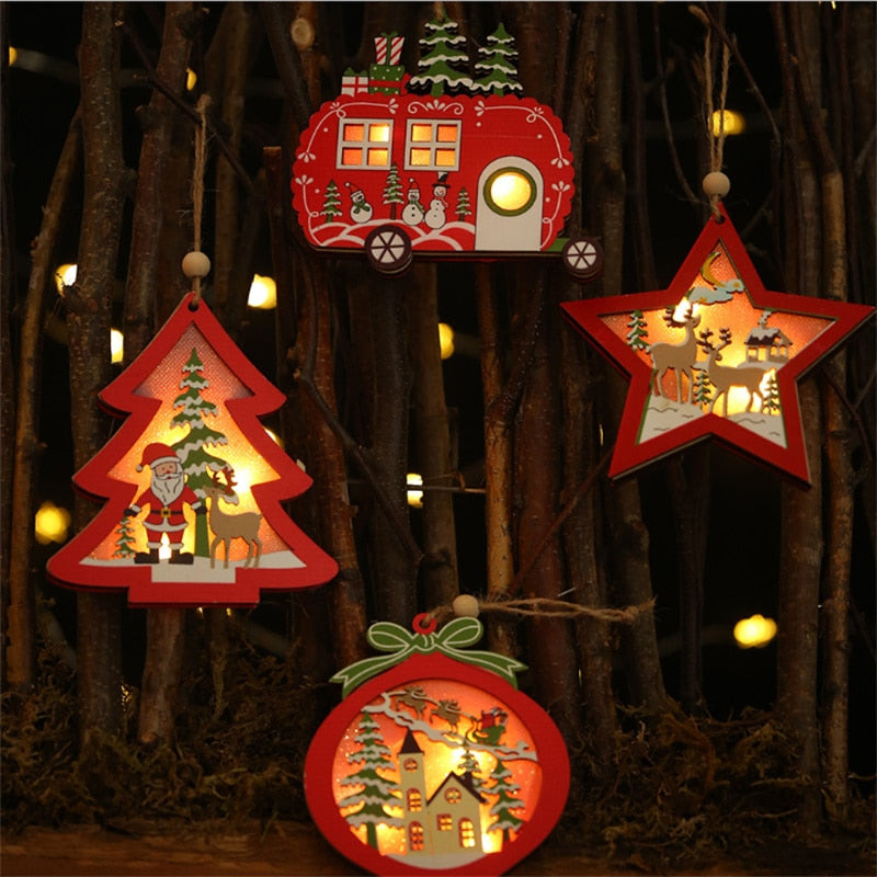 New Christmas Pendants Solid Wood Hollowed Out with Lights Pendants Home Party New Year Decorations Christmas Jewelry