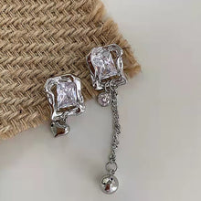 Load image into Gallery viewer, SKHEK Korea Fashion Silver Color Asymmetry Crystal Love Heart Tassel Charm Drop Earrings For Women Party Wedding Jewelry Accessories