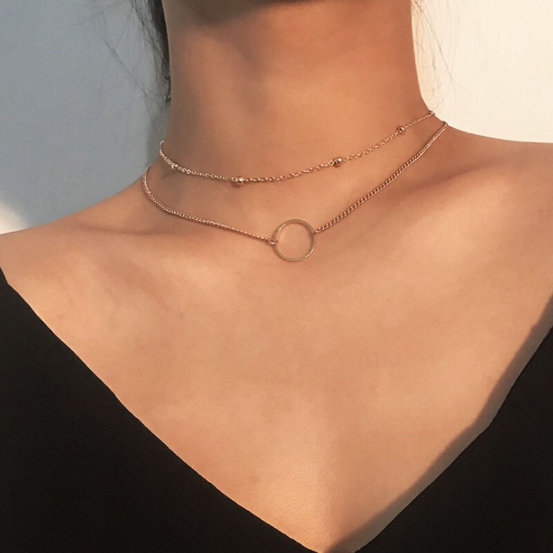 Fashion Gold Choker Necklace Two Layers Round Pendants Necklaces Silver Color Chain Choker Jewelry For Women 2021 Party Gifts