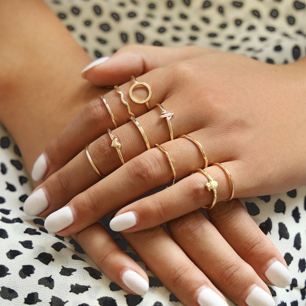 11pc/set Vintage Simple Cactus Pineapple Heart Wave Knuckle Joint Rings Set For Women Circle Gold Finger Midi Rings Jewelry Gift