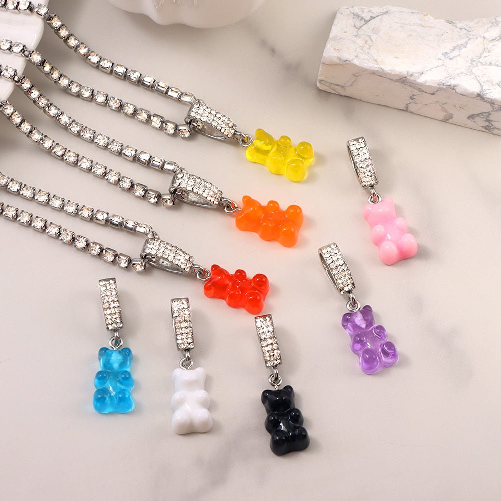 Skhek Trendy Candy Color Gummy Mini Bear Rhinestone Chain Necklace For Women Cute Judy Cartoon Bear Choker Necklace Party Jewelry Gift