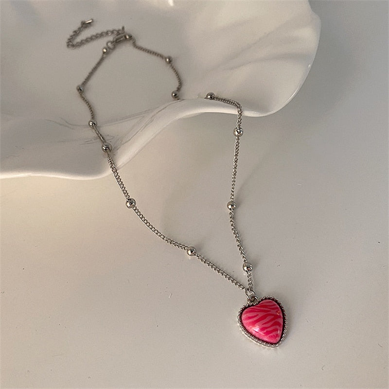 SKHEK Kpop Harajuku Pink Purple Heart Butterfly Neck Bead Chain Necklace For Women Egirl Aesthetic EMO Goth Y2K Jewelry Accessories