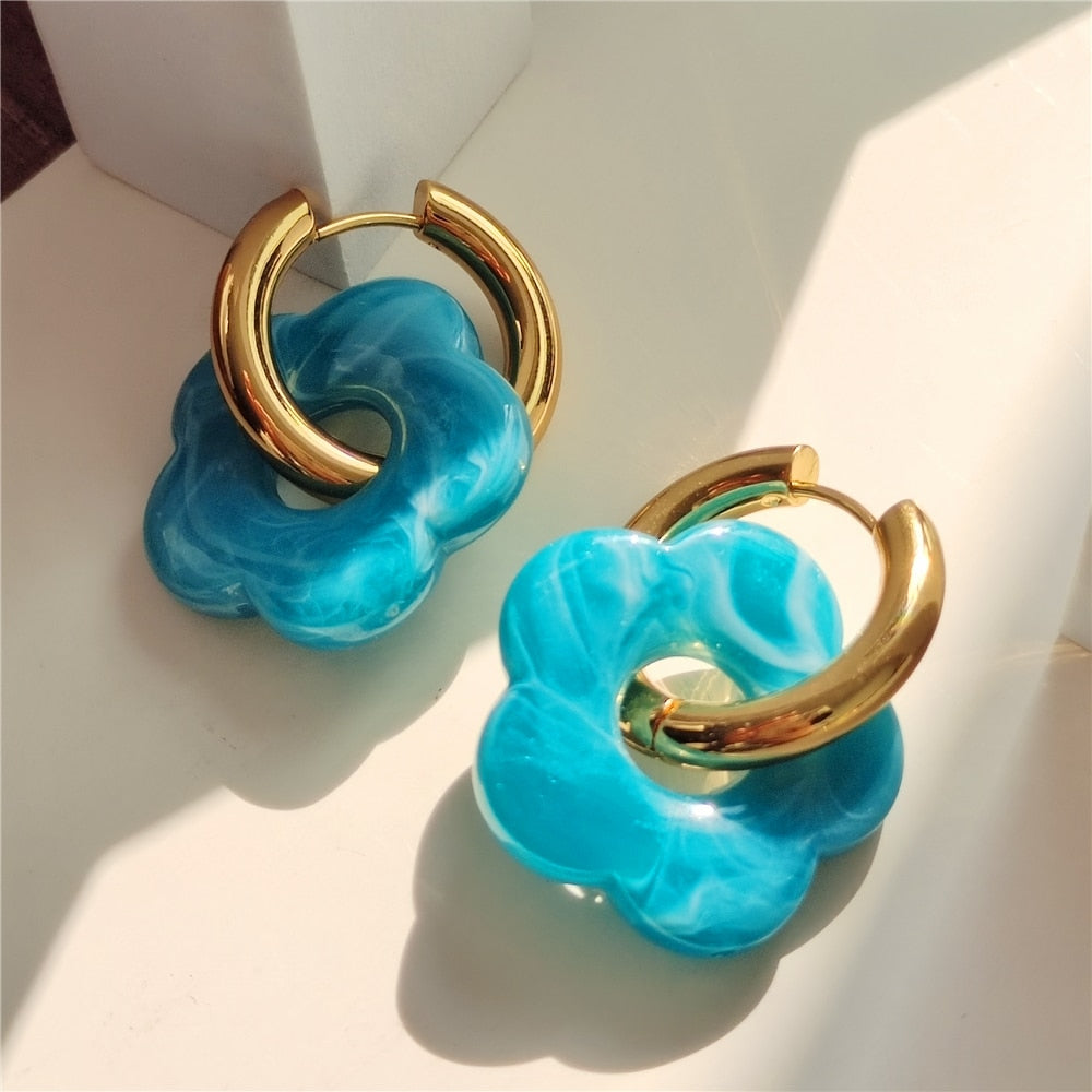 Skhek HUANZHI 2023 Colorful Acrylic Flower Resin Drop Earrings Gold Color Circle Hollow For Women Girls Jewelry Minimalist Gifts