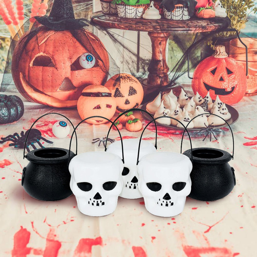 SKHEK 5Pcs/Lot Halloween White Skull Black Witch Plastic Candy Bucket Jar Trick Or Treat Halloween Party Decorations Props For Kids