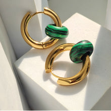 Load image into Gallery viewer, Skhek New Gold Color Steel Green Malachite Bead Natural Stone Geometry Hoop Earrings For Women Girl Travel Party Jewelry 2022