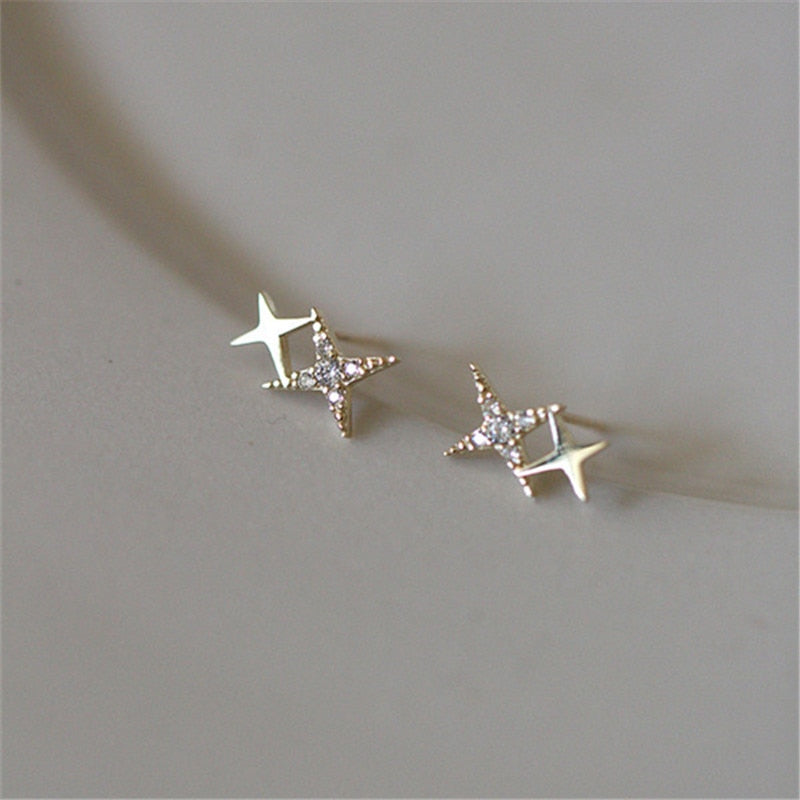 925 Sterling Silver Korean Version Simple Four-pointed Star Stud Earrings Women Pavé Crystal Light Luxury 14k Gold Jewelry Gift