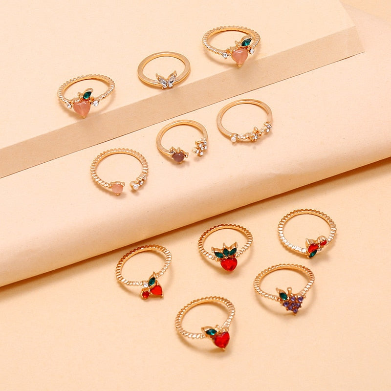 11 Pcs/Set Sweet Crystal Apple Strawberry Cherry Grape Butterfly Rings for Women Cute Fruit Gold Rings Set Party Jewelry Gifts