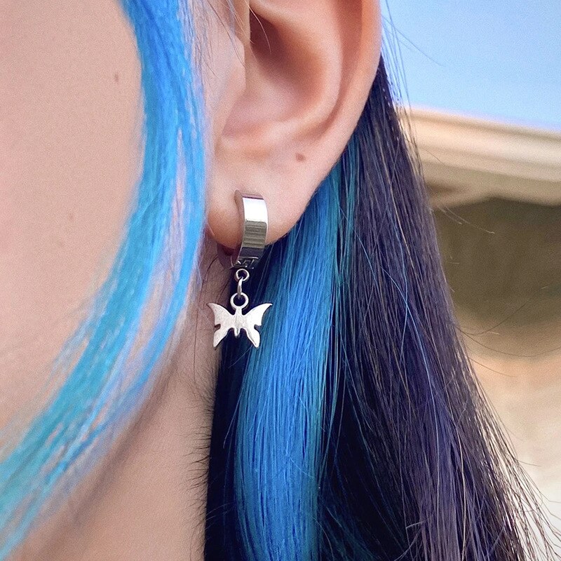 New ins Hip-hop Punk Metal Butterfly Earrings Stainless Steel Butterfly Dangle Earring Ear Buckle For Women Men Fashion Jewelry