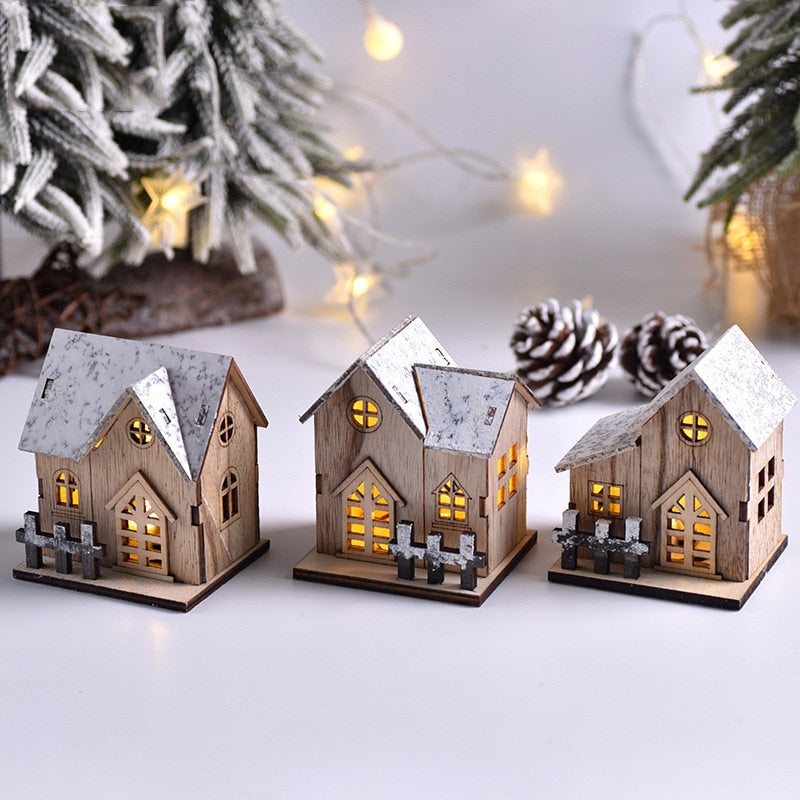 Christmas LED Light Wooden House Luminous Cabin Merry Christmas Decorations for Home DIY Xmas Tree Ornaments Kids Gift New Year