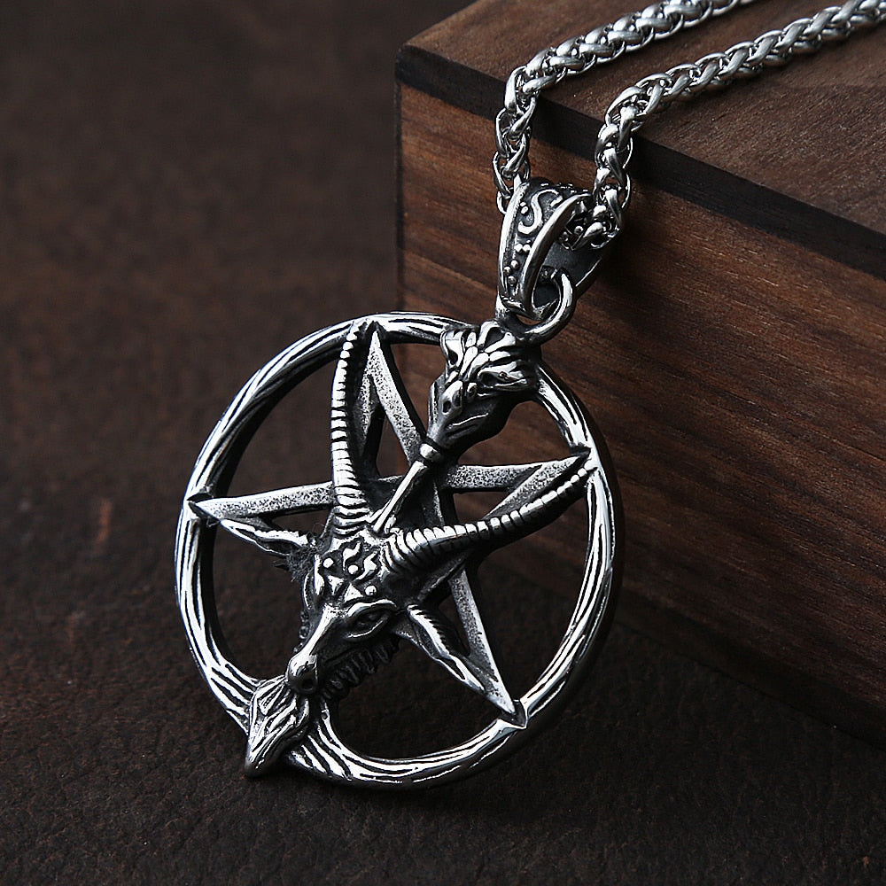 Skhek Gothic Satan Skull Pendant Necklace For Men's Chain Inverted Five Pointed Star Fashion Retro Stainless Steel Necklace Jewelry