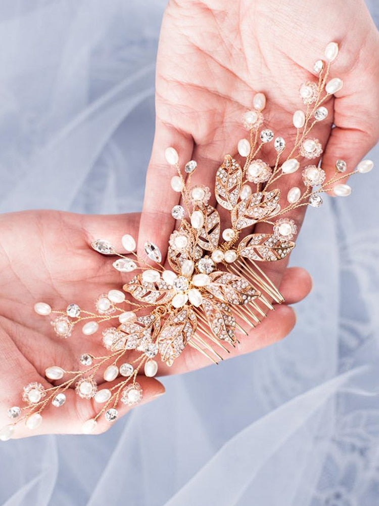 Trendy Leaf Pearl Rose Gold Wedding Hair Combs Tiara Bridal Headpiece Women Head Decorative Jewelry Wedding Hair Accessories