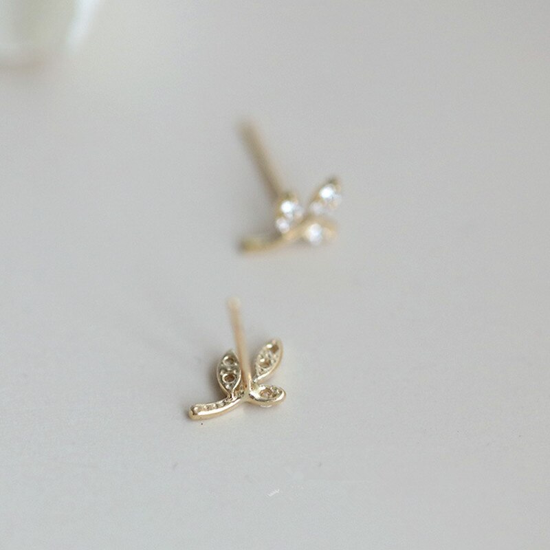 Sterling Alloy French Simple Pavé Crystal Leaf Tree Life Stud Earrings Women Classic Plating 14k Gold Jewelry Gift