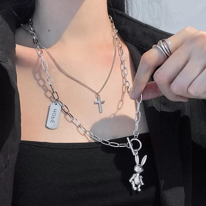 2021 Fashion Multilayer Hip Hop Long Chain Necklace for Women Men Jewelry Coin Rabbit Cross Pendant Necklace Accessories Gifts