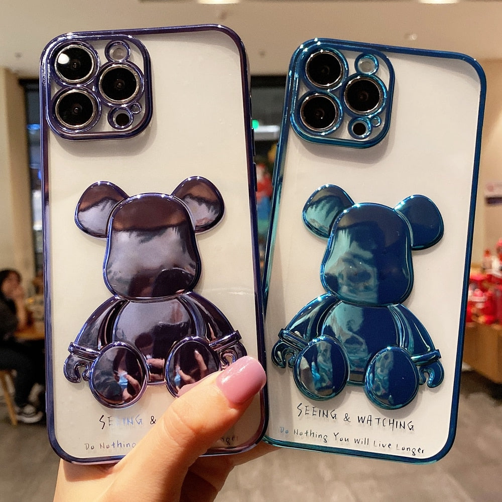 Skhek Back to School Cute Bear Plating Phone Case For Iphone 13 12 11 Pro Max X Xs Xr 8 7 Plus SE Transparent Silicone Lens Protection Cover