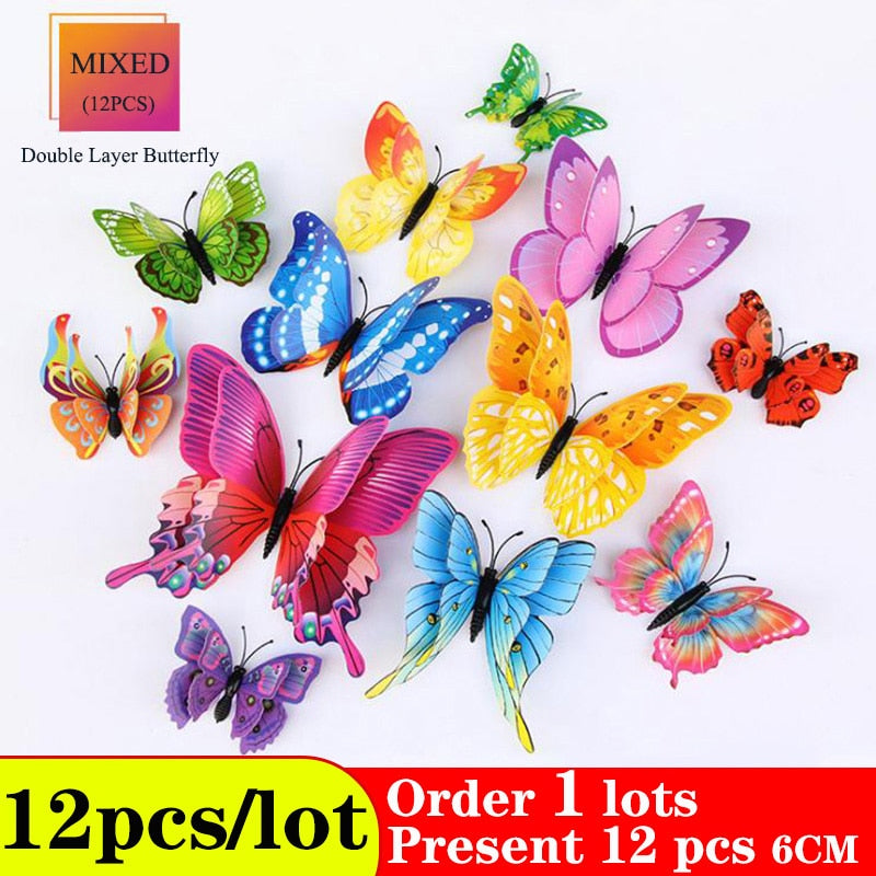 Skhek Butterflies Wall Stickers home decor Multicolor Double Layer 3D Butterfly Sticker 12Pcs/lot  for decoration on the living room