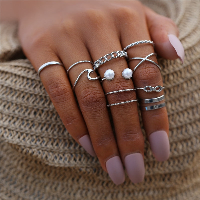 17KM Bohemian Crystal Rings Set Star Gold Color Rings For Women Fashion Geometric Pearl Ring Trendy 2020  Jewelry Gifts Party