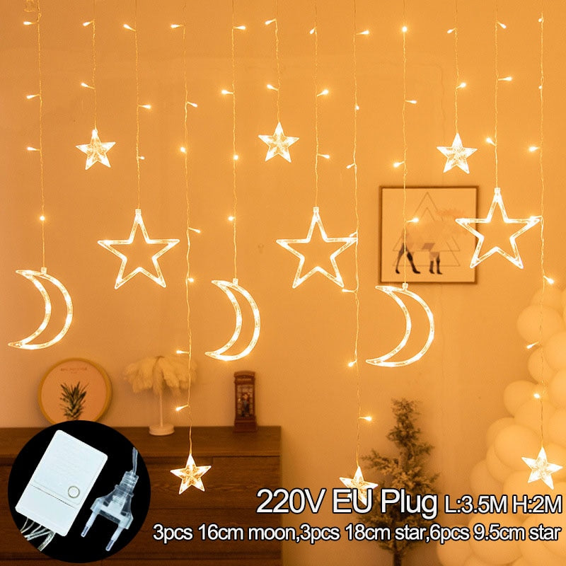 Moon Star LED Fairy Lights String Christmas New Year Curtain Lamp Eid Mubarak Party Decoration For Home Bedroom Ramadan Kareem
