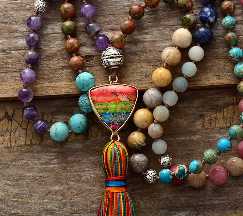 Skhek Gorgeous New Natural Stones Chakra Charm Triangle Pendant Tassel Necklaces Women Elegant Rosary Necklace Jewelry Gifts