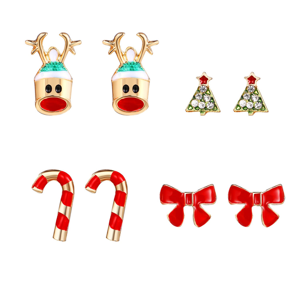 Christmas Gift 4 Pairs/Lot Cartoon Christmas Elk Crutch Bow Stud Earrings For Women Girls Rhinestone Christmas Tree Ear Stud Xmas Jewelry Gifts