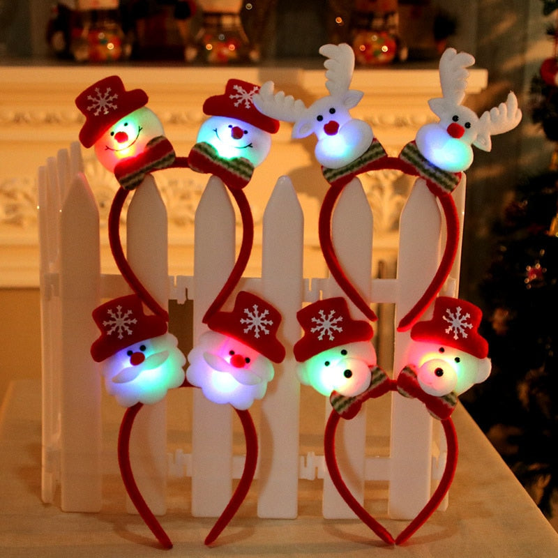 Lovely Christmas Headband Santa Reindeer Snowman Bear LED Light Headband Hair Band Lightening Double Head Xmas Decoration F