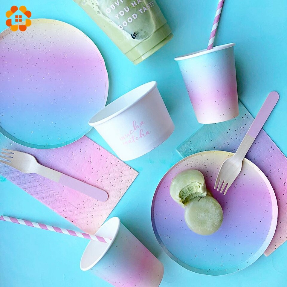 1 Set Disposable Rainbow Party Tableware Round Flat Rainbow Paper Cup Paper Towel Party Supplies Birthday Wedding Decoration