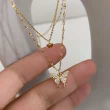 Load image into Gallery viewer, Korean Flash Crystal Butterfly Double Necklace For Women Simple Cute Design Silver Color Elegant Necklaces Wedding Jewelry Gifts