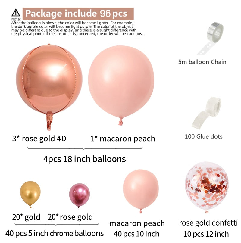 96pcs Morandi Peach Balloons Arch Garland Kit Chrome Rose Gold 4D Ballon for Wedding Birthday Baby Shower Christmas Party Decor