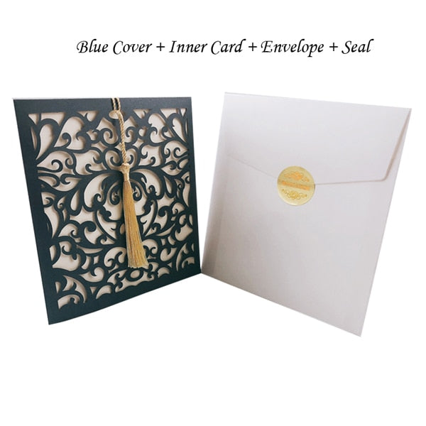 1pcs Sample Laser Cut Wedding Invitations Card Square Hollow Greeting Cards Customize With Tassel Wedding Decoration Party Favor