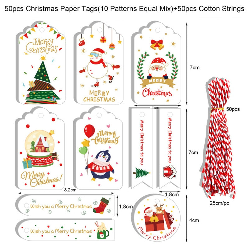48/50Pcs Merry Christmas Kraft Paper Tags DIY Handmade Gift Wrapping Paper Labels Santa Claus Hang Tag Ornaments New Year Decor
