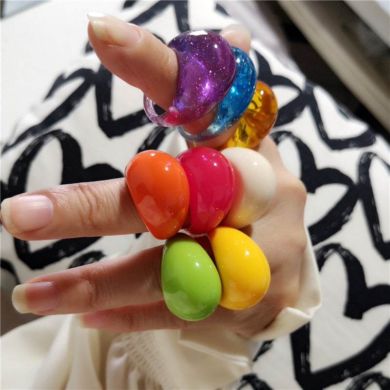 SKHEK 2022 New Trendy Simple Aesthetic Transparent Colorful Geometric Oval Resin Acrylic Rings For Women Girls Bff Summer Hot Jewelry