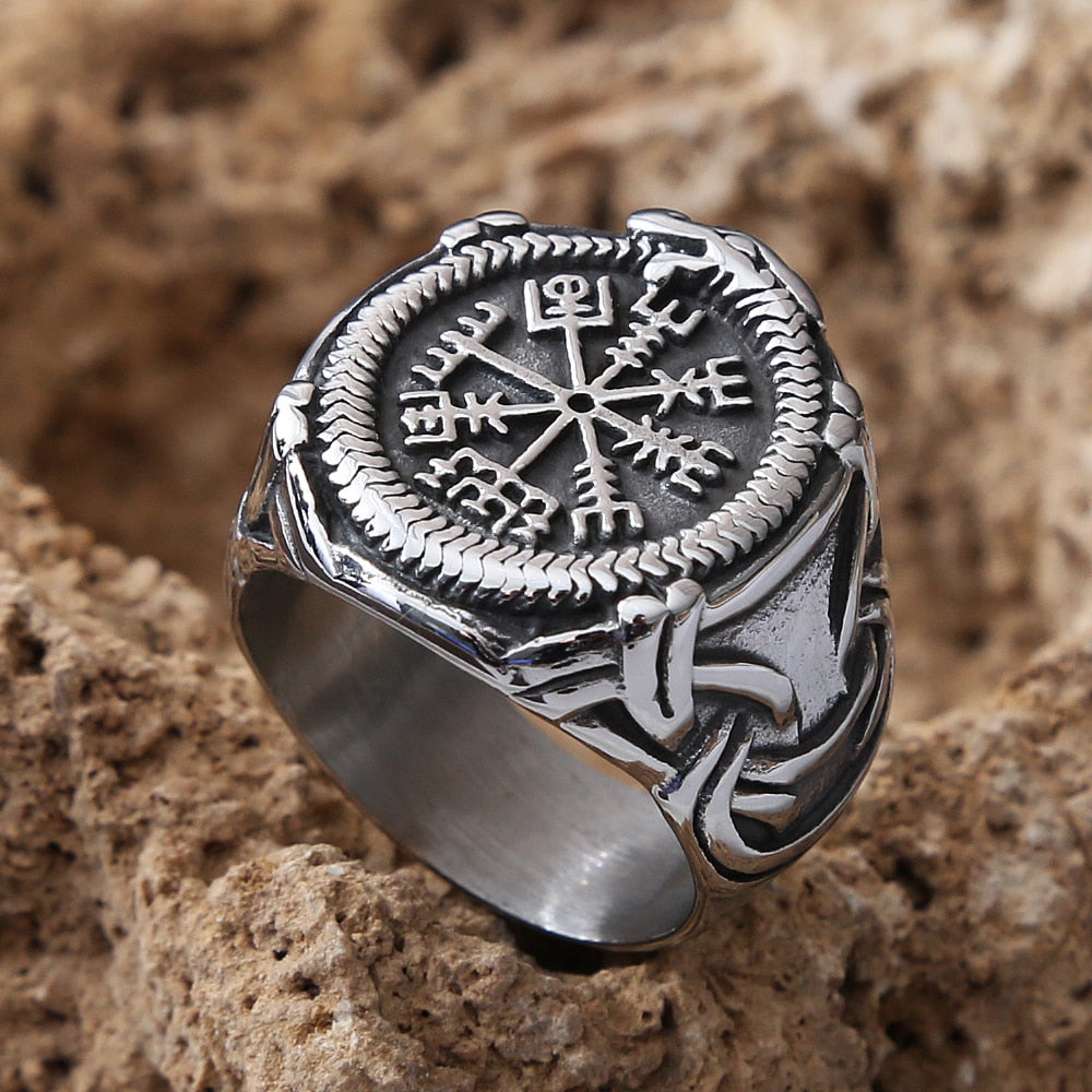 Skhek Vintage Viking Aegishjalmur Rings For Men Stainless Steel Nordic Pattern Compass Vegvisir Ring Amulet Pattern Jewelry