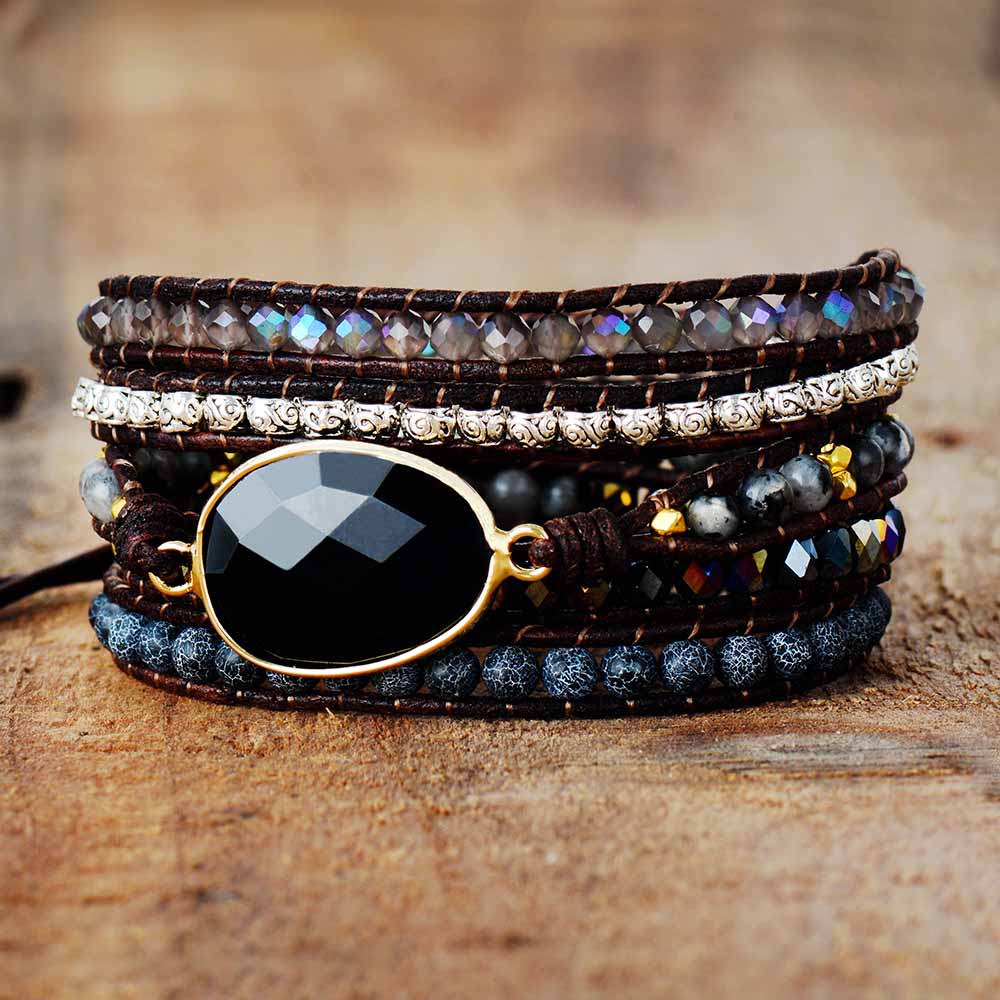 Skhek Native Inspired Designer Leather Bracelet Black Onyx Mix 5 Strands Woven Wrap Bangles Bohemian Jewelry Dropship