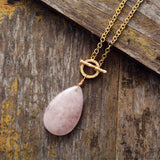 Skhek Classic Rose Quartzs Teardrop Pendant Lariat Necklace Gold Tone Natural Stone Necklace Elegant Jewelry