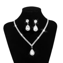 Load image into Gallery viewer, Water Drop Rhinestone Long Pendant Full Crystal Silver Plated Necklace &amp; Earrings Elegant Bridal Wedding Jewelry Set
