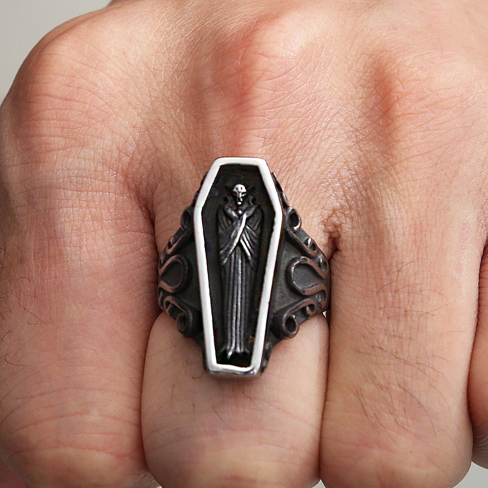 Skhek Goth Vampire Skull Ring Men Boy Punk Street Black Stainless Steel Coffin Ring Gothic Biker Jewelry Gift