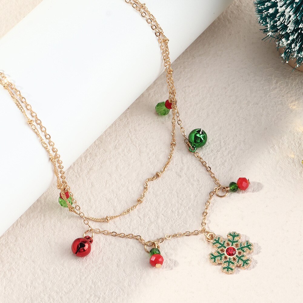 Christmas Gift Alloy Classic Pendant Necklace Christmas Bells Snowflake Necklace Double Clavicle Chain Gift Party Collares Accessories Jewelry