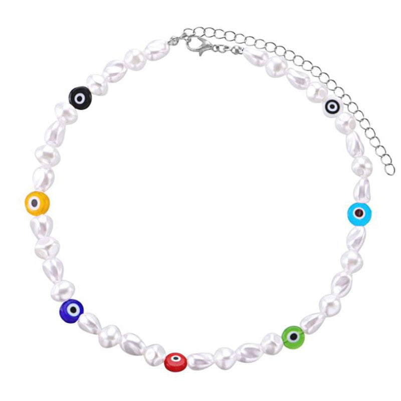 New Korea Pearl Necklace Colorful Beaded Evil Eye Charm Statement Short Choker Necklaces for Women Vacation Jewelry