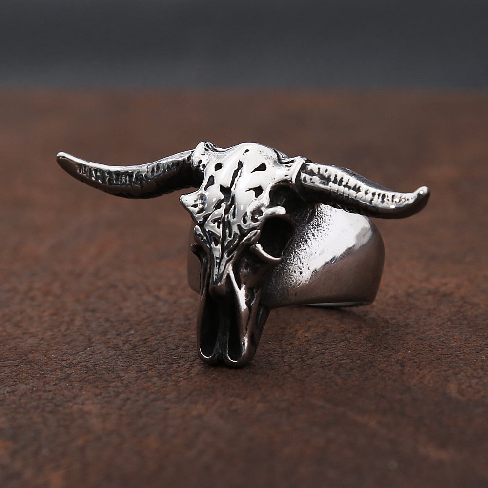 Skhek Gothic Bull Head Skull Ring Stainless Steel Punk Hip Hop Biker Animal Skull Mens Ring Jewelry Gift Wholesale Size 7-13