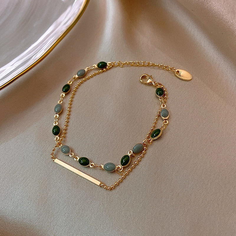 Skhek Minar Blue Green Color Crystal Charm Bracelets for Women Gold Color Beaded Chain Double Layered Adjustable Bracelet Accessories