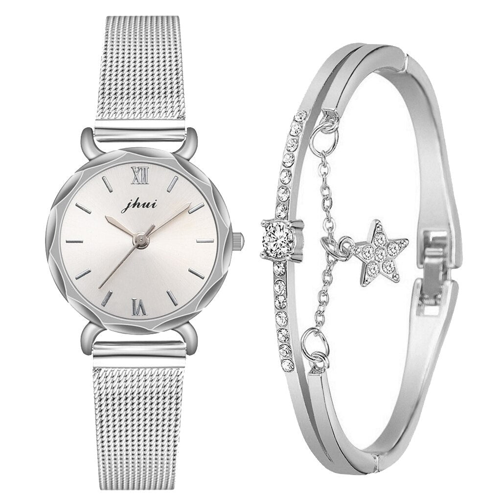 Christmas Gift Elegant 2pcs Set Women Watch Bracelet Set Rhinestone Sliver Ladies Watches Luxury Fashion Brand Clock Gift For Female Girlfriend